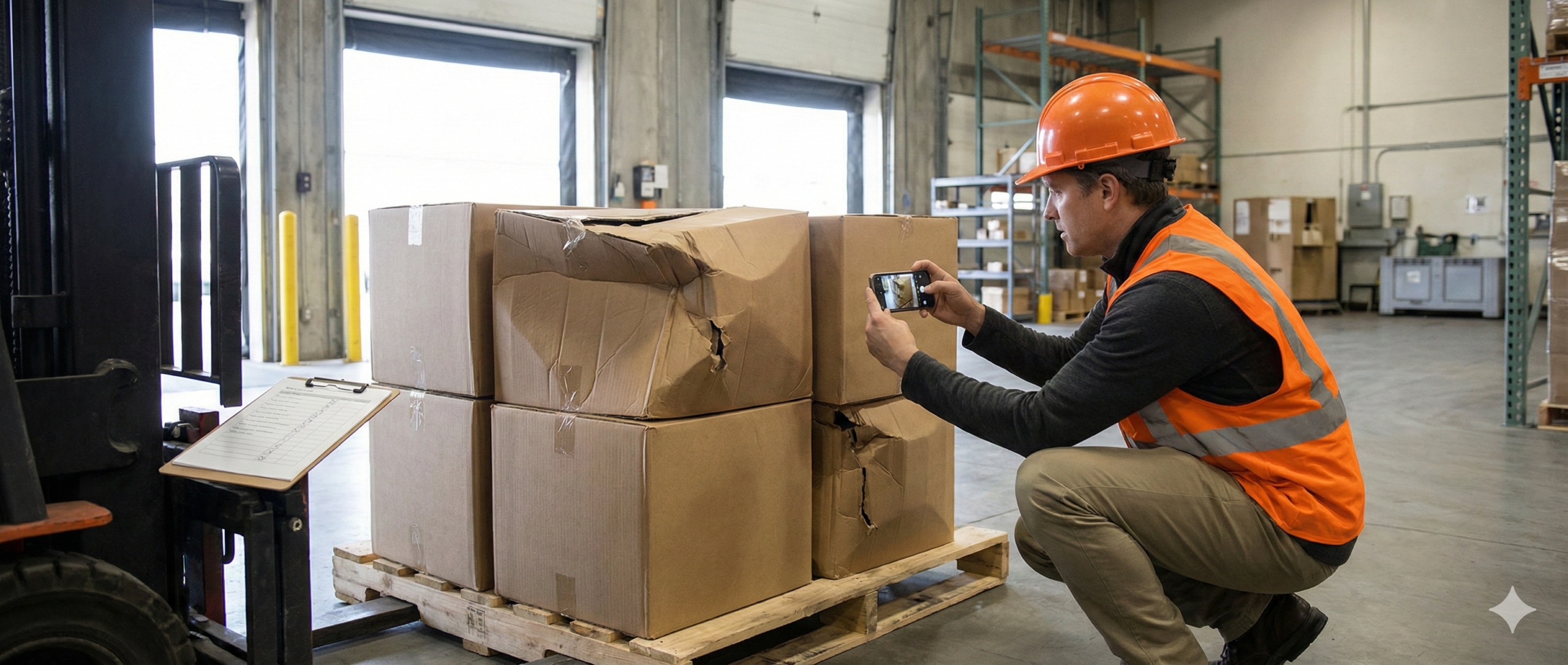 Warehouse worker taking photos of damaged corrugated shipping boxes on a pallet for a freight claim.